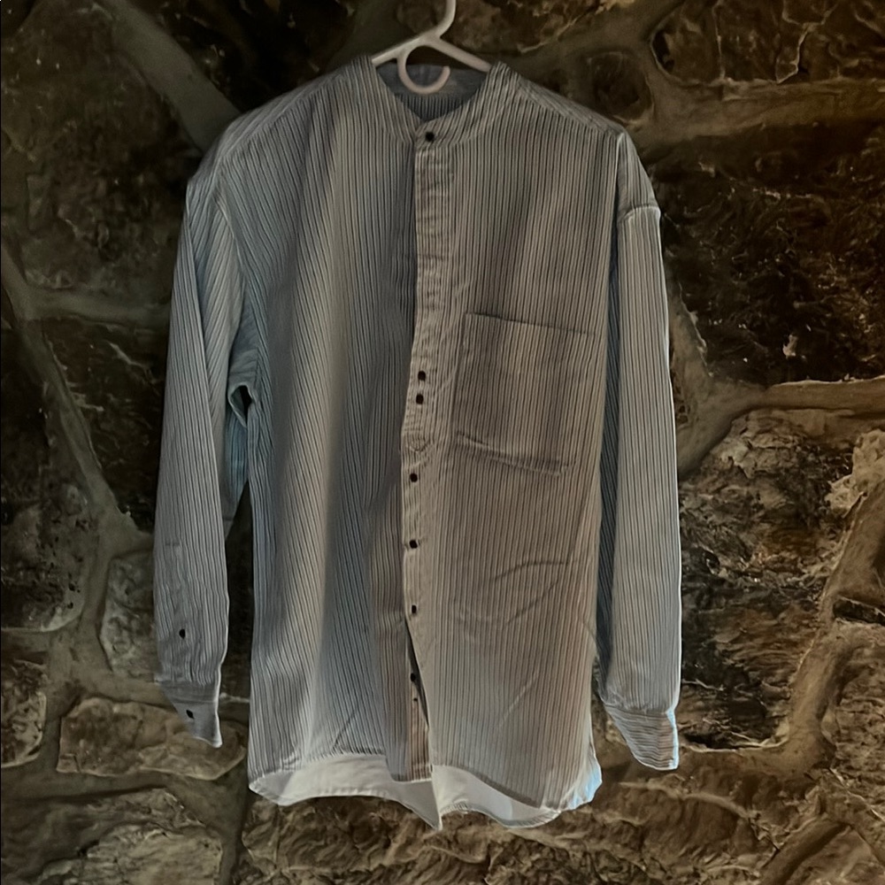 Soft heavyweight flannel grandfather Irish shirt, tiny buttons blue pinstripes
